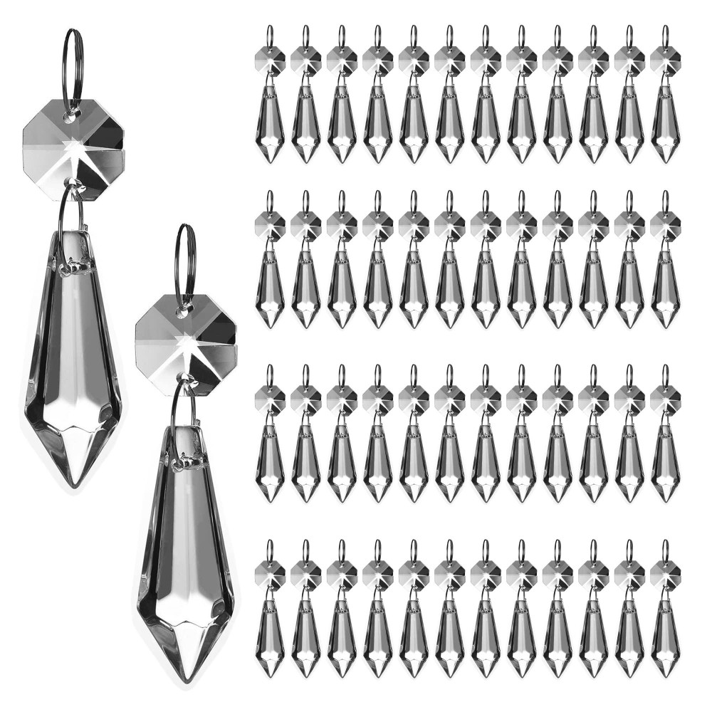 Hdcrystalgifts Clear Chandelier Icicle Crystal Prisms Octogan Glass Bead For Lamp Decoration Pack Of 50 38Mmsilver Circle Clip