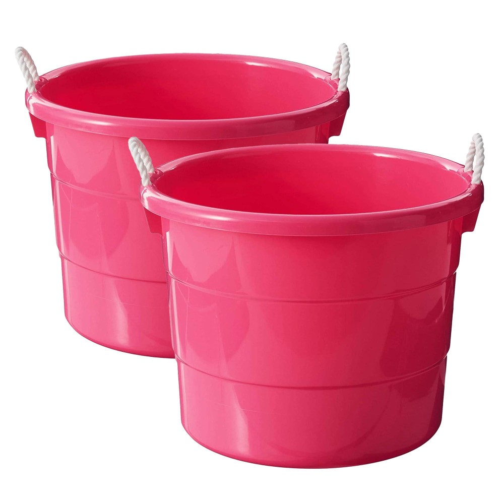 Homz 0402Pkdc Stackable Plastic 18 Gallon Utility Storage Container Bucket Tubs With Rope Handles Pink Set Of 2 Buckets