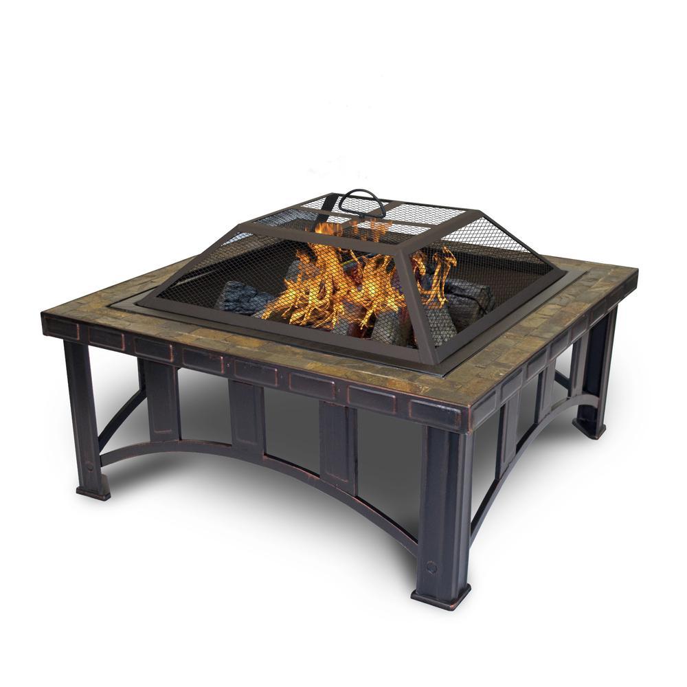 Outdoor Leisure Products 30 inch Square Steel Firepit with Decorative Slate Hearth and Oil Rubbed Bronze Finish