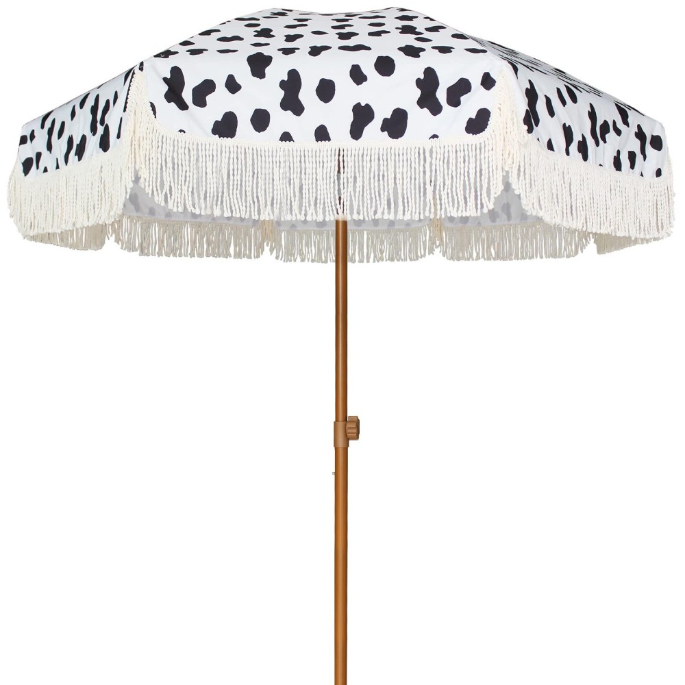 Ammsun 7Ft Patio Umbrella With Fringe Outdoor Tassel Umbrella Upf50 Premium Steel Pole And Ribs Push Button Tilt Cow Polka Dots