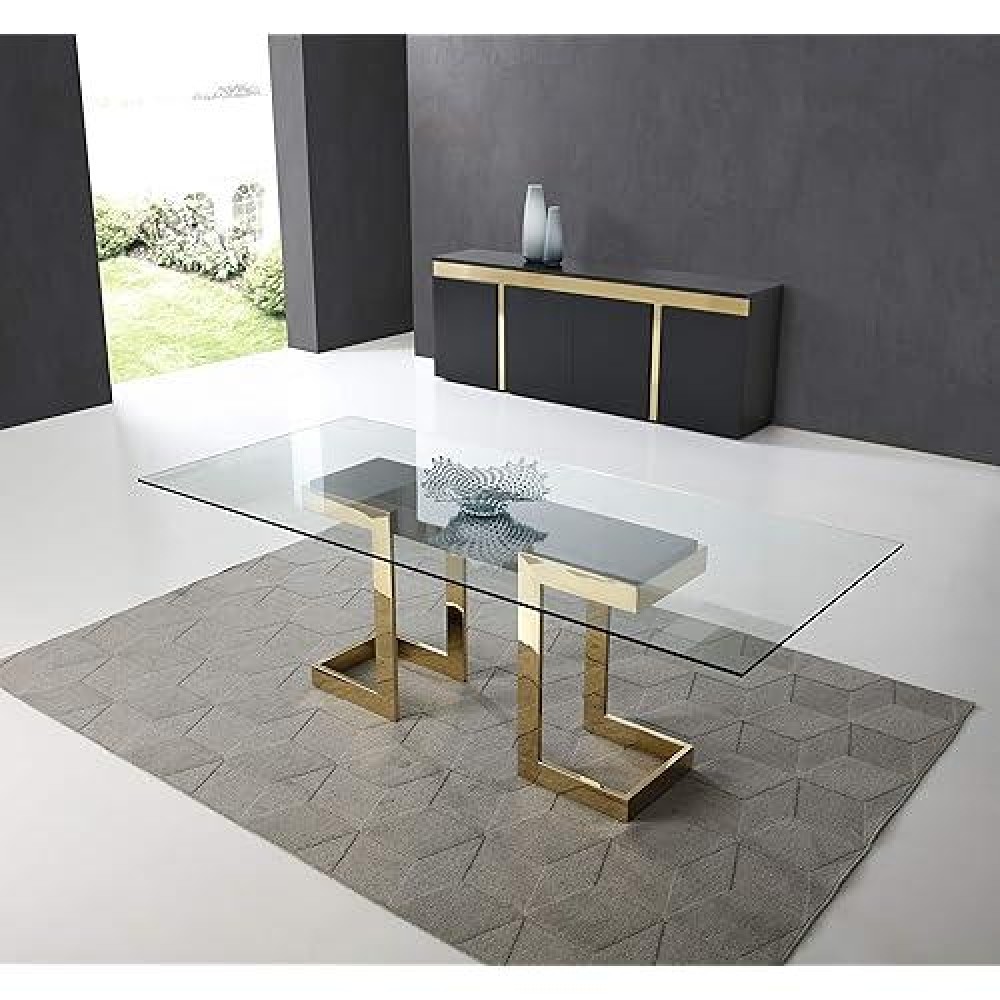 Whiteline Modern Living Sumo Rectangle Dining Table, 12Mm Clear Tempered Glass Top, Polished Gold Stainless Steel Base, Matte Black Connector Between The Legs, 39