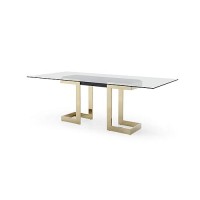 Whiteline Modern Living Sumo Rectangle Dining Table, 12Mm Clear Tempered Glass Top, Polished Gold Stainless Steel Base, Matte Black Connector Between The Legs, 39