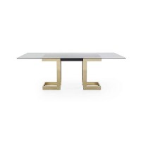 Whiteline Modern Living Sumo Rectangle Dining Table, 12Mm Clear Tempered Glass Top, Polished Gold Stainless Steel Base, Matte Black Connector Between The Legs, 39