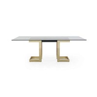 Whiteline Modern Living Sumo Rectangle Dining Table, 12Mm Clear Tempered Glass Top, Polished Gold Stainless Steel Base, Matte Black Connector Between The Legs, 39