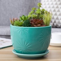 Mygift 7 Inch Turquoise Ceramic Indoor Plant Pot With Drainage Hole And Attached Saucer Decorative Sunburst Design Round Plante