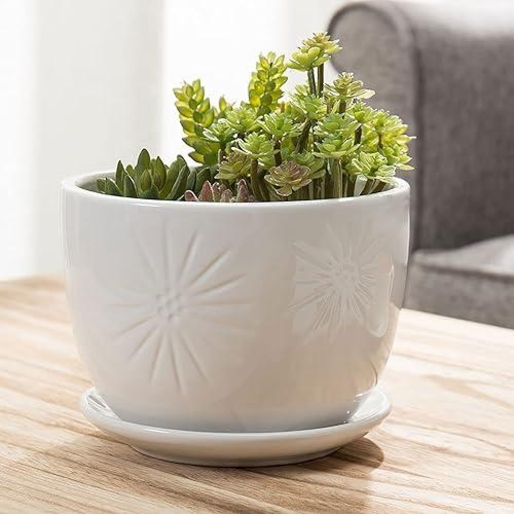 Mygift 7 Inch White Ceramic Indoor Plant Pot With Drainage Hole And Attached Saucer  Decorative Sunburst Design Round Planter Container