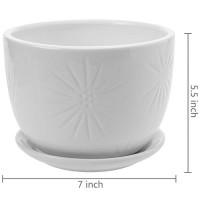 Mygift 7 Inch White Ceramic Indoor Plant Pot With Drainage Hole And Attached Saucer  Decorative Sunburst Design Round Planter Container