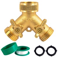 Hourleey Brass Garden Hose Splitter 2 Way Solid Brass Hose Y Splitter 2 Valves With 2 Extra Rubber Washers Brass