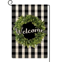 Baccessor Boxwood Wreath Welcome Garden Flag Double Sided Buffalo Plaid Check Spring Fall Yard Flag Burlap Small Farmhouse Rus