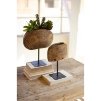 SET OF TWO REPURPOSED WOODEN COWBELL PLANTERS ON IRON STAND