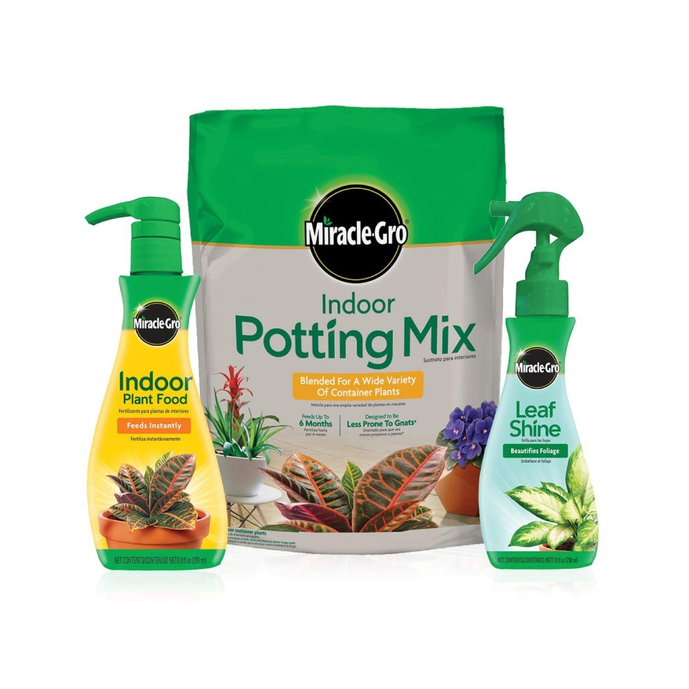 Miraclegro Indoor Potting Mix Indoor Plant Food Leaf Shine Bundle Of Potting Soil 6 Qt Liquid Plant Food 8 Oz Lea