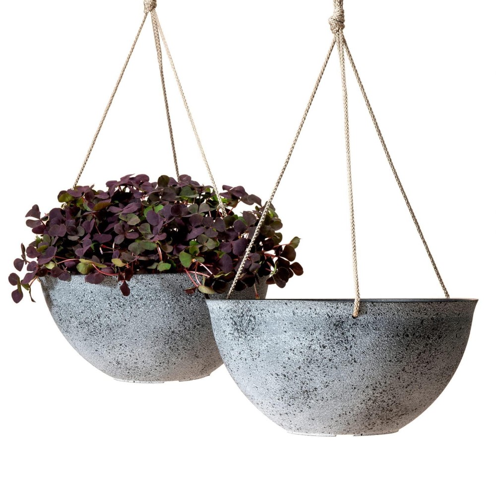 La Jolie Muse Large Hanging Planters For Outdoor Plants 13 Inch Hanging Flower Pots With Drainage Holes Set Of 2 Rock Grey