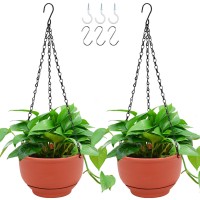 Growneer 2 Packs 8 Inches Plastic Hanging Planter Self Watering Basket With 6 Pcs Hooks Hanging Flower Pot With Detachable Base