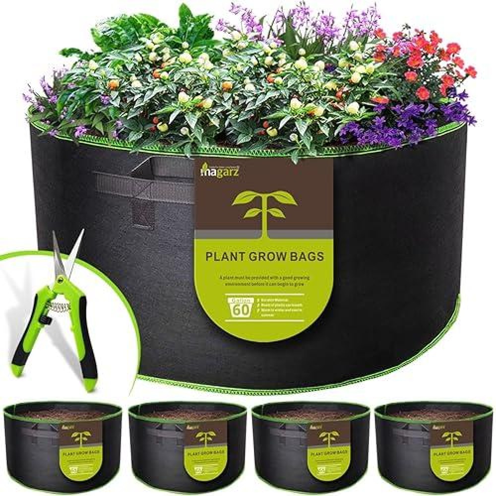 Magarz 4Pack 60 Gallon Fabric Flower Pots Garden Felt Grow Bags With Handle Black