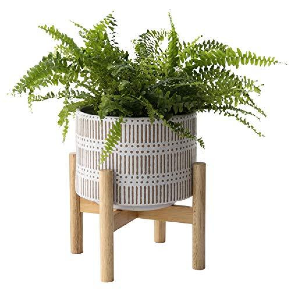 La Jolie Muse Ceramic Plant Pot With Wood Stand 73 Inch Modern Round Decorative Flower Pot Indoor With Wood Planter Holder B