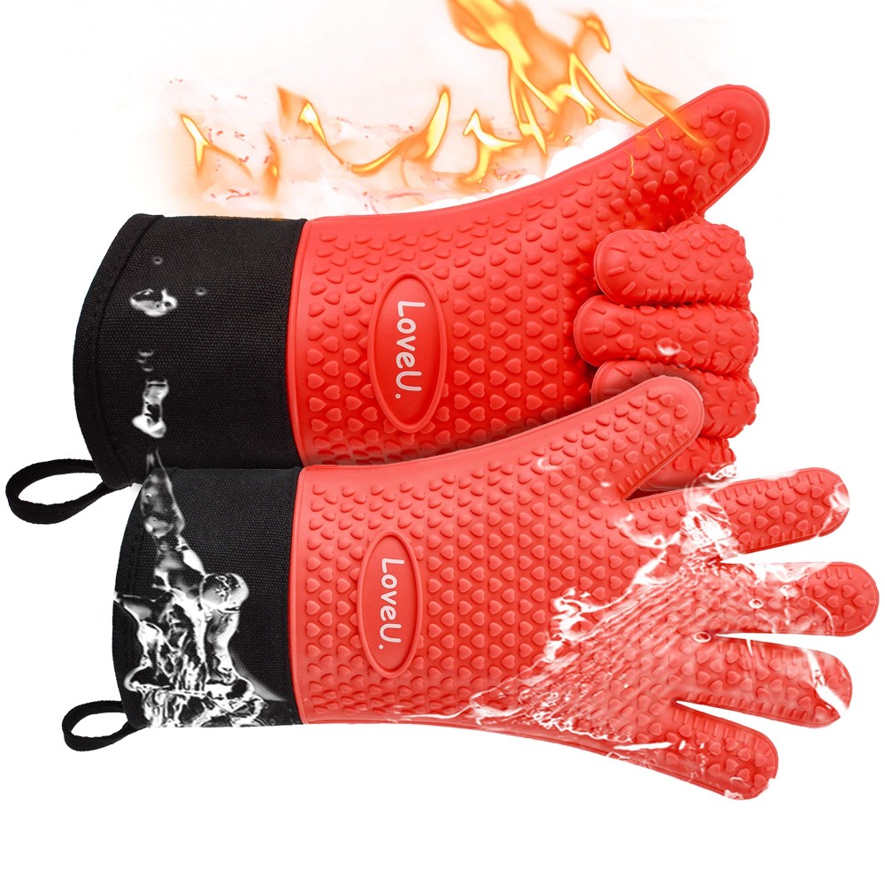 Loveuing Kitchen Oven Gloves Silicone And Cotton Doublelayer Heat Resistant Oven Mittsbbq Glovesgrill Gloves Perfect For