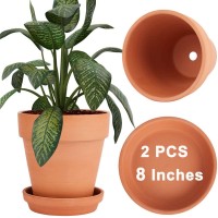 Vensovo 8 Inch Clay Pot For Plant With Saucer 2 Pack Large Terra Cotta Plant Pot With Drainage Hole Clay Planters Pot Terrac