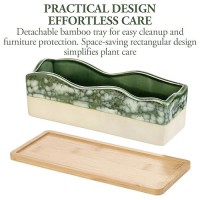 Mygift Rectangular Succulent Planter - Decorative Beige And Green Ceramic Glazed Plant Container Pot With Removable Bamboo Tray