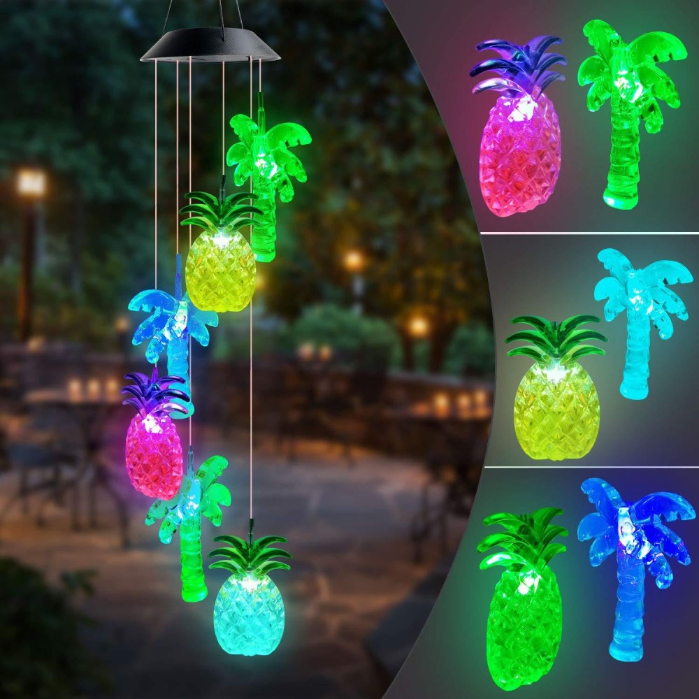 Pineapple Coconut Tree Wind Chimes Solar Wind Chime Garden Decor Summer Sea Wind Chime Interesting Gifts For Mom Family Friends