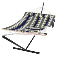 Suncreat Hammocks Double Outdoor Hammock With Stand Cotton Rope Two Person Hammock With Polyester Pad Large Pillow Blue Gra