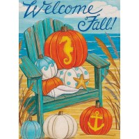 Covido Welcome Fall Garden Flag Home Decorative Blue White Pumpkin House Yard Outside Beach Small Flag Autumn Nautical Seahorse