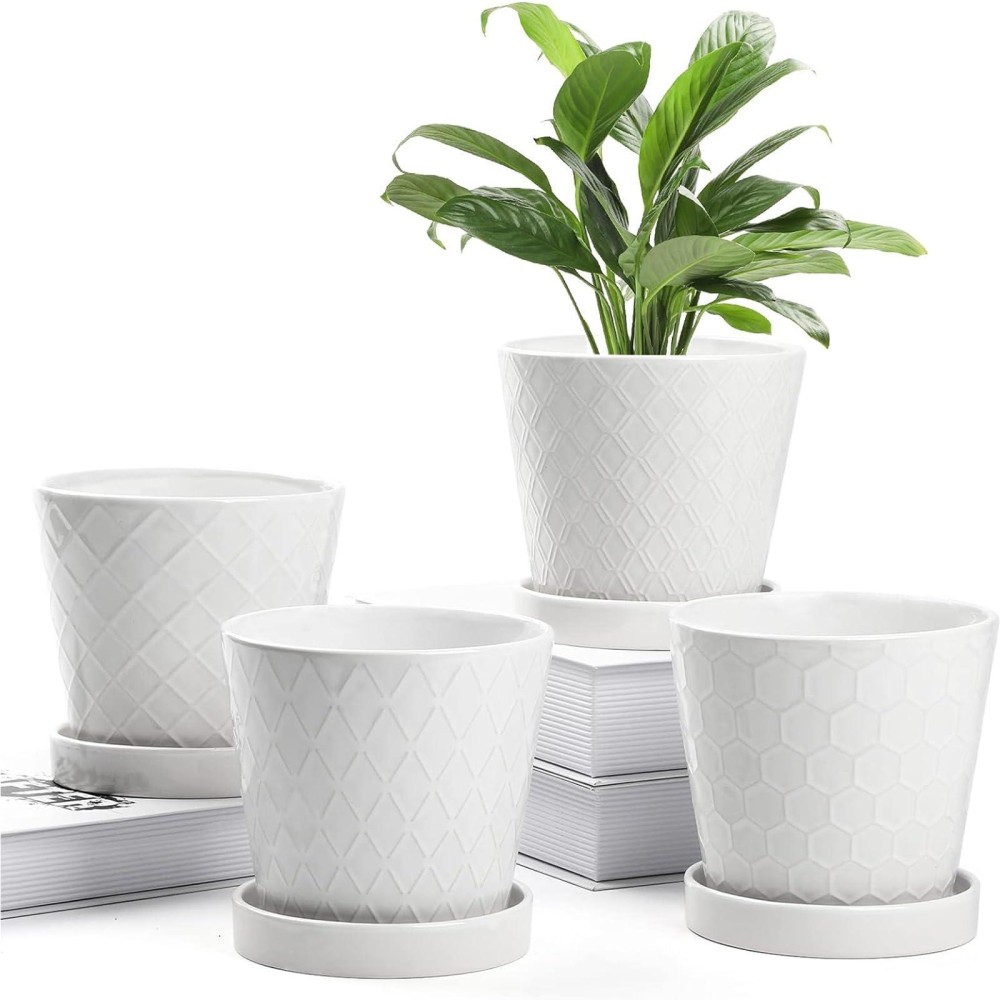 Buymax Plant Pots Indoor 5 Inch Ceramic Flower Pot With Drainage Hole And Ceramic Tray Gardening Home Desktop Office Windowsi