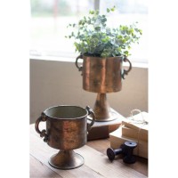 SET OF TWO ANTIQUE COPPER FINISH PLANTERS WITH HANDLES