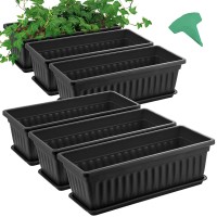 Growneer 6 Packs 17 Inches Black Flower Window Box Plastic Vegetable Planters Long Pots With 15 Pcs Plant Labels For Outdoor Ind