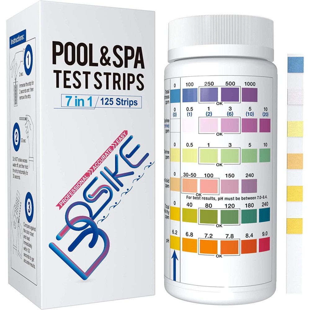 Bosike 7 In 1 Hot Tub Test Strips 125 Ct Swimming Pool Spa Hard Water Testing Kit For Bromine Cyanuric Acid Alkalinity