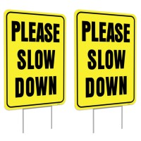 2Pc Please Slow Down Signs With Stake 13X17 Double Sided Signs Corrugated Plastic Kids Playing Sign For Street Chil