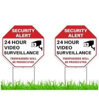 2Pc 24 Hour Video Surveillance Sign With Stakes 12X12 Corrugated Plastic No Trespassing Signs For Home Outdoor Yard P