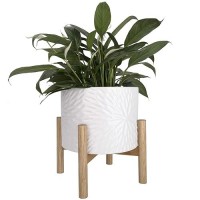 La Jolie Muse White Planter With Stand Mid Century Planters For Indoor Plants Ceramic Plant Pot With Stand 8 Inch Unique Moder