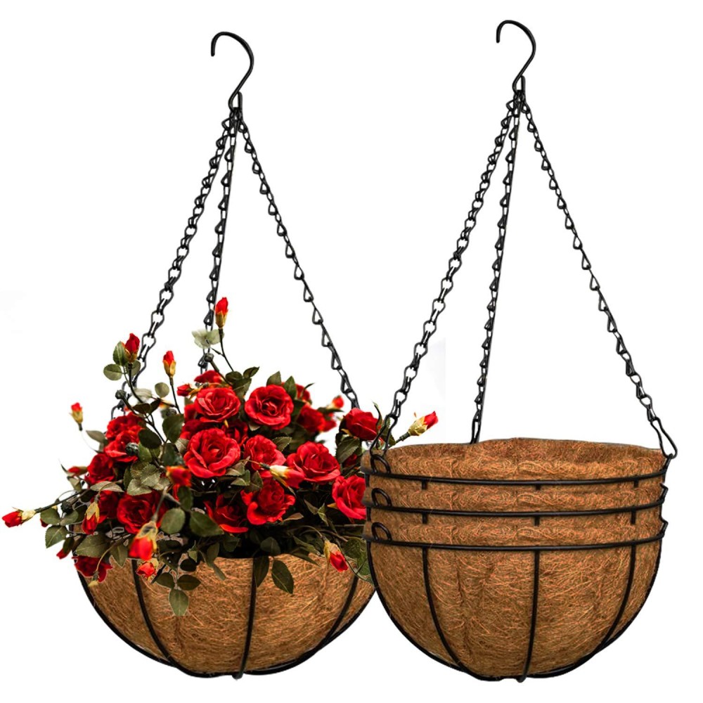 Zeedix 3 Pack 10Inch Metal Hanging Planter Basket With 10Inch Coconut Coir Liner Coconut Coir Liner With Black Chain For Porch