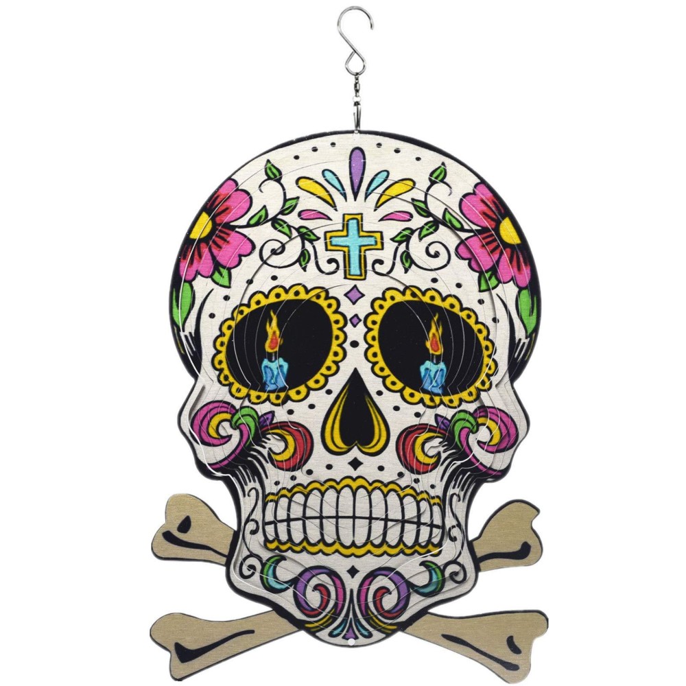 Sugar Skull Halloween Wind Spinner Metal Garden Decor Outdoor 3D Stainless Steel Sculptures Kinetic Hanging Decorations Whirligi