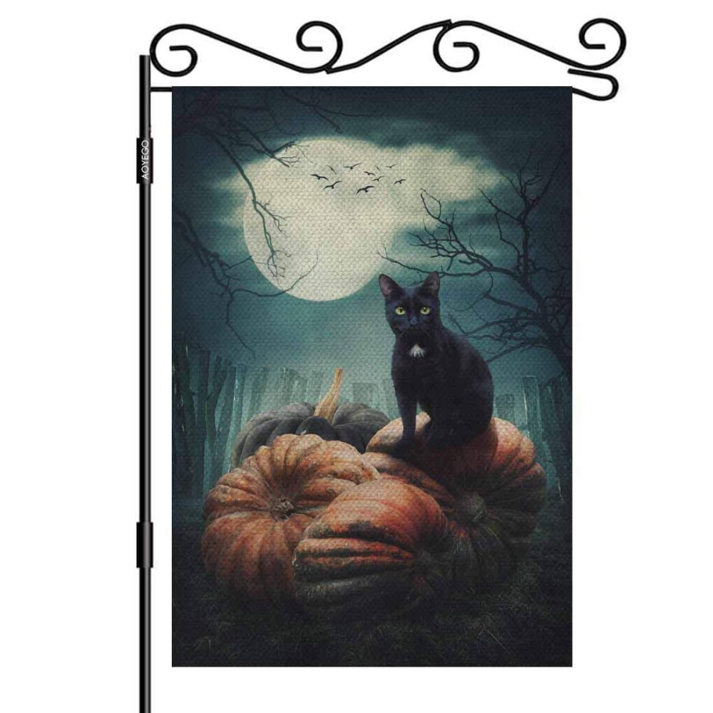 Aoyego Black Cat On A Pumpkin Small Garden Flag Vertical Double Sided 125 X 18 Inch Halloween Scary Dry Tree And Moon Farmhouse