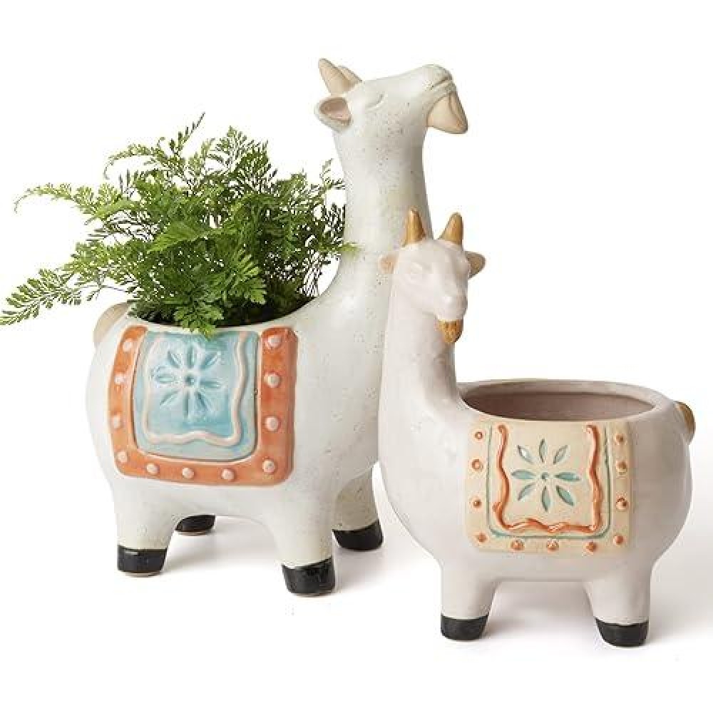 La Jolie Muse Ceramic Goat Succulent Planter Animal Pots - 7.3 + 5.3 Inch Cute Glazed Pottery Indoor Flower Plant Pots With Sandy Gravel Detailing  Home Decor