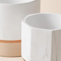 La Jolie Muse White Ceramic Flower Pots - 6.7 + 5.4 Inch Indoor Planters  Plant Containers In A Marble Ink Pattern With Rose Gold And Pink Detailing