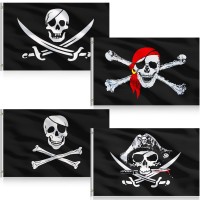 4 Pieces Halloween Pirate Flags 3 X 5 Feet Jolly Roger Pirate Flag Skull Bone Pirate Banner Halloween Retro Decorations Flag For