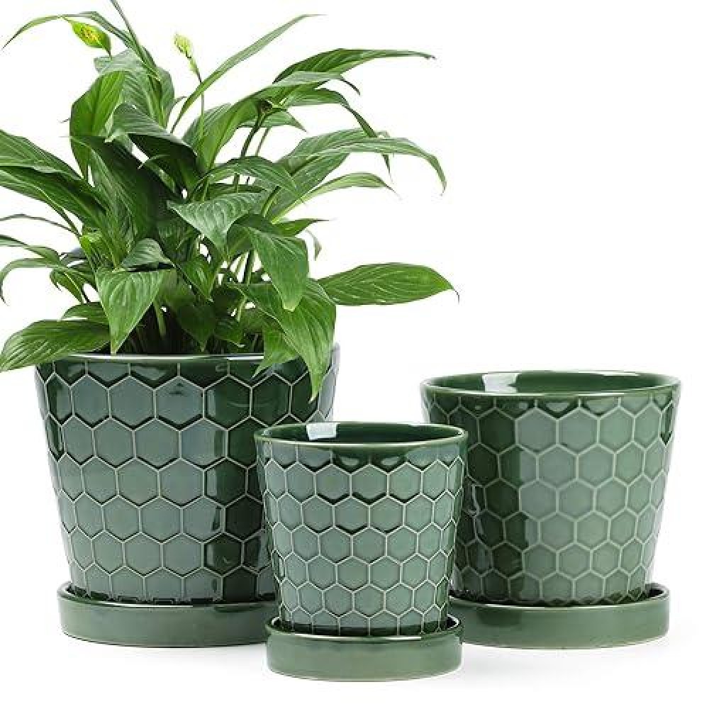 Buymax Ceramic Plant Pot - 4 +5 +6  Inch Ceramic Flower Pot With Drainage Holes And Ceramic Tray - Gardening Home Desktop Office Windowsill Decoration Gift Set 3 - Plants Not Included (Patina)