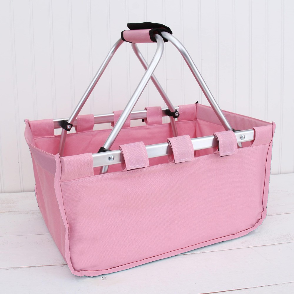 Threadart Large Collapsible Market Basket Pink Aluminum Frame Polyester Fabric Convenient Fold Flat Design Reusable Spa