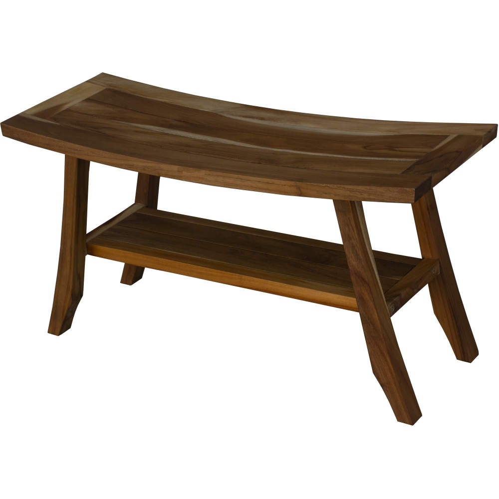 HomeRoots Compact Curvilinear Teak Shower Outdoor Bench with Shelf in Natural Finish