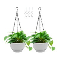 Growneer Plastic Hanging Planter 2 Packs 8 Inch Self Watering Pots Plants Hanger Baskets With 6 Pcs Hooks Hanging Flower Pot Wi