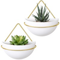 Mkono Ceramic Hanging Planter Geometric Wall Decor Set Of 2 Modern Wall Planter With Metal Plant Hanger Wall Mounted Plant Pot