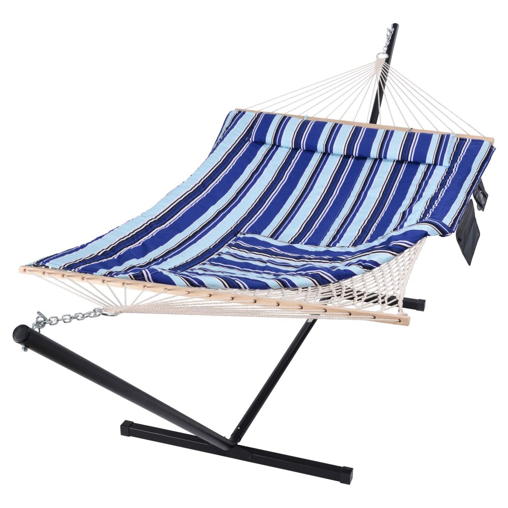 Suncreat Hammock Double Hammock With Stand Two Person Cotton Rope Hammock Blue Stripe