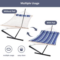 Suncreat Hammock Double Hammock With Stand Two Person Cotton Rope Hammock Blue Stripe