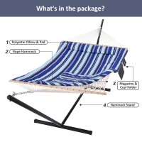 Suncreat Hammock Double Hammock With Stand Two Person Cotton Rope Hammock Blue Stripe