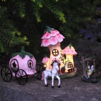 La Jolie Muse Resin Fairy Garden Miniature Floral Roof Cottage With Solar Led Lights Fairy House Figurine Set Of 3 With Carri