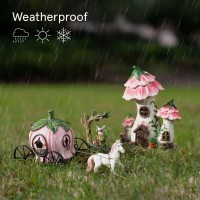 La Jolie Muse Resin Fairy Garden Miniature Floral Roof Cottage With Solar Led Lights Fairy House Figurine Set Of 3 With Carri