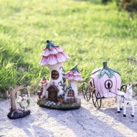 La Jolie Muse Resin Fairy Garden Miniature Floral Roof Cottage With Solar Led Lights Fairy House Figurine Set Of 3 With Carri