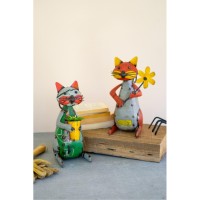 SET OF TWO RECYCLED IRON CATS WITH FLOWER AND POT